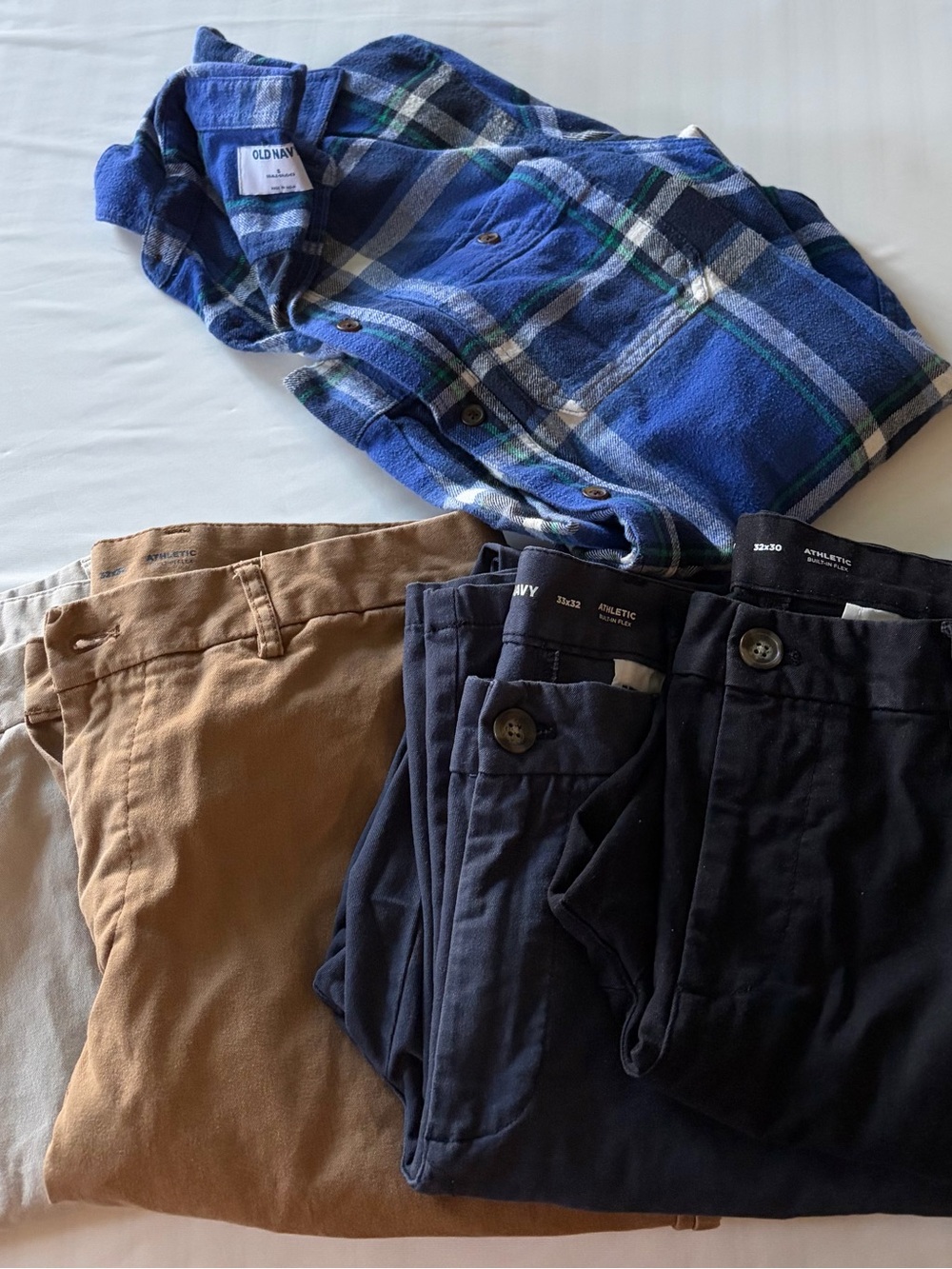 Men’s Old Navy Blue Plaid Shirt S- Tan, Navy, black & Cream Pants Bundle size 32